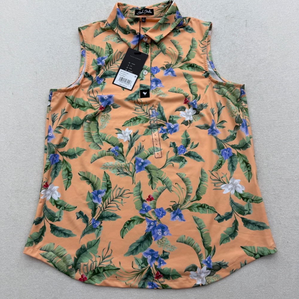 Bad Birdie Womens L Large Flora Fiesta Core Polo SL Sleeveless Golf Shirt Peach - Picture 2 of 4